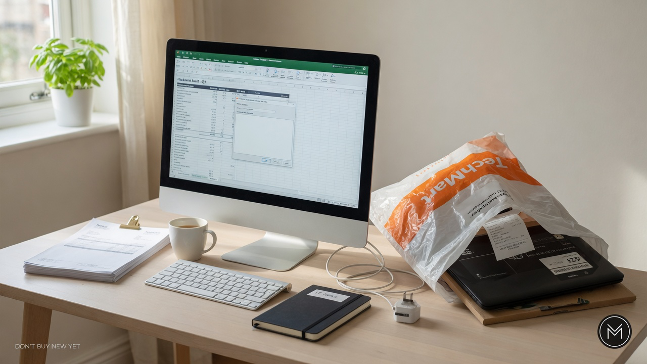 A capable computer still in daily use on the desk, with a new budget laptop left unopened in a shop bag